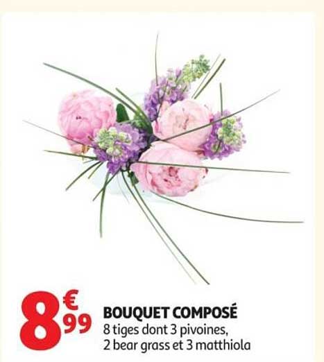 BOUQUET COMPOSÉ 8 tiges dont 3 pivoines, 2 bear grass et 3 matthiola