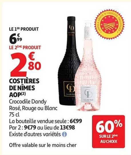 COSTIÈRES DE NÎMES AOP(2) Crocodile Dandy Rosé, Rouge ou Blanc 75 cl