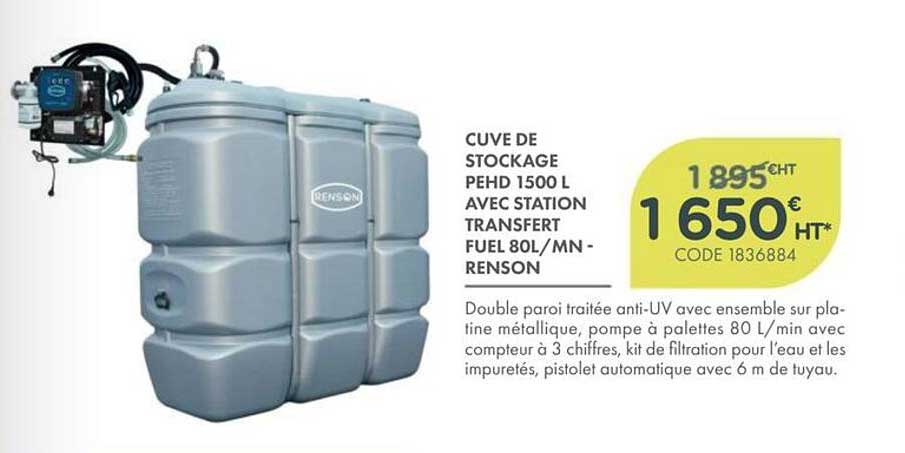 CUVE DE STOCKAGE PEHD 1500 L AVEC STATION TRANSFERT FUEL 80L/MN - RENSON