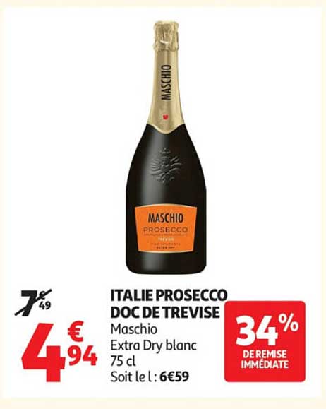 ITALIE PROSECCO DOC DE TREVISO Maschio Extra Dry blanc 75 cl Soit le l : 6€59