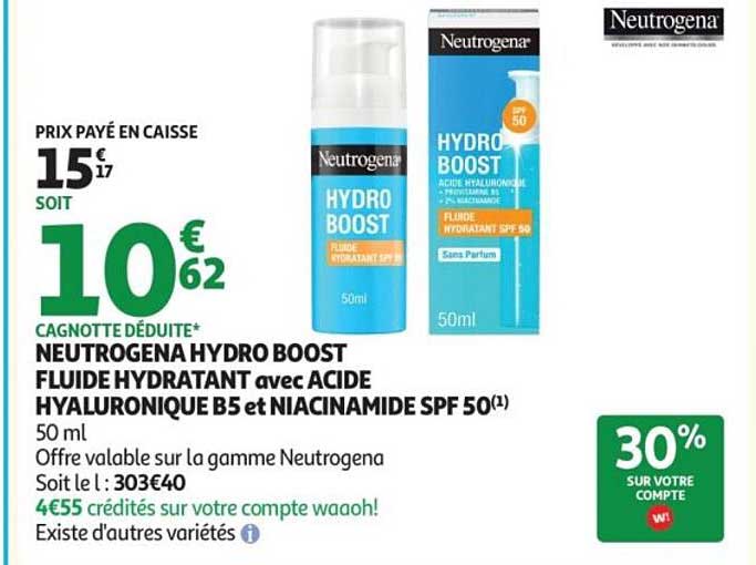 NEUTROGENA HYDRO BOOST FLUIDE HYDRATANT avec ACIDE HYALURONIQUE B5 et NIACINAMIDE SPF 50(1)