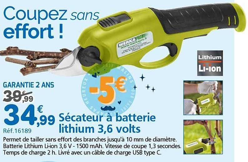 Sécateur à batterie lithium 3,6 volts