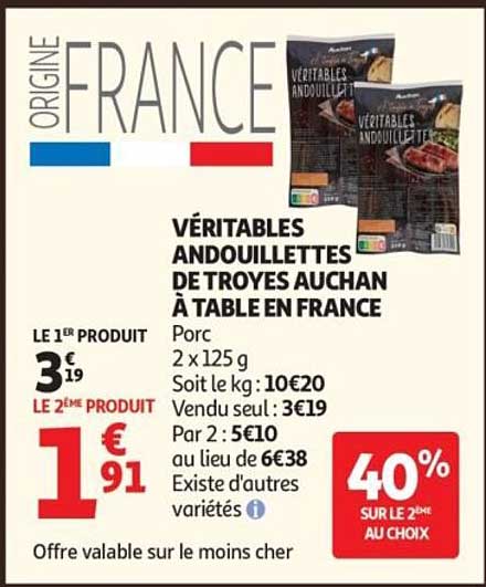 VÉRITABLES ANDOUILLETTES DE TROYES AUCHAN À TABLE EN FRANCE