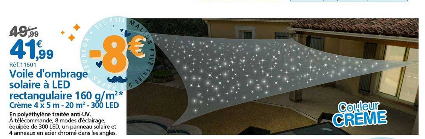 Voile d'ombrage solaire à LED rectangulaire 160 g/m²* Crème 4 x 5 m - 20 m² - 300 LED