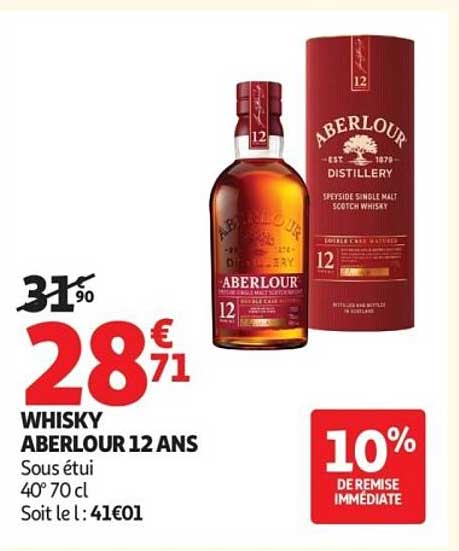 WHISKY ABERLOUR 12 ANS Sous étui 40° 70 cl Soit le l : 41€01