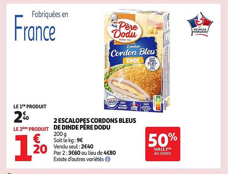 2 ESCALOPES CORDONS BLEUS DE DINDE PÈRE DODU