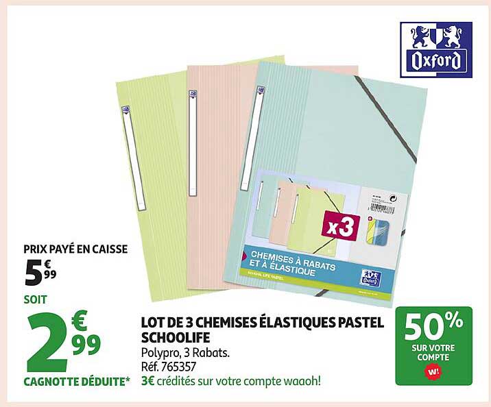 LOT DE 3 CHEMISES ÉLASTIQUES PASTEL SCHOOLIFE