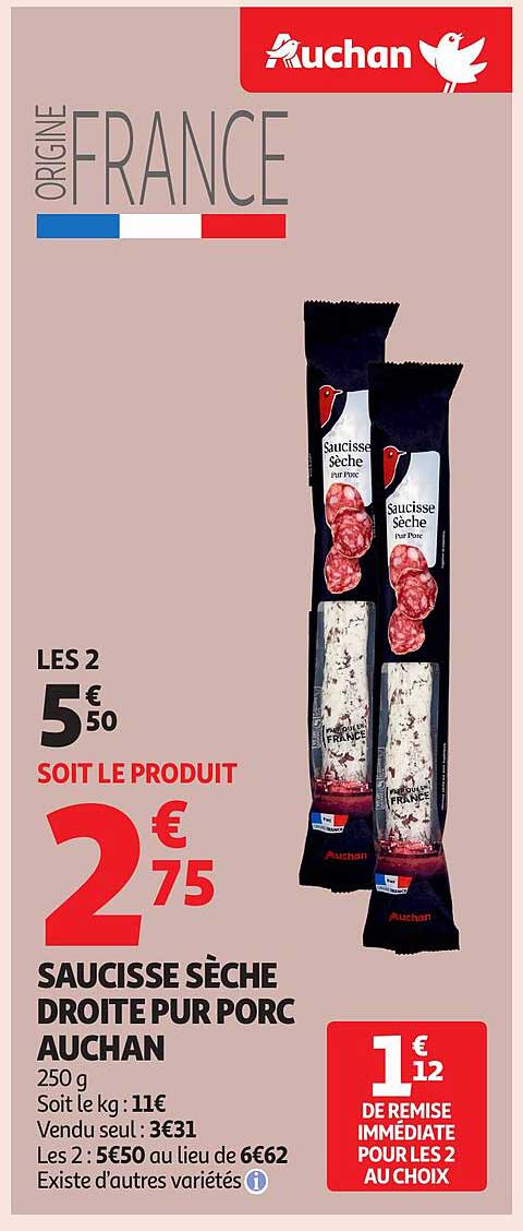 SAUCISSE SÈCHE DROITE PUR PORC AUCHAN