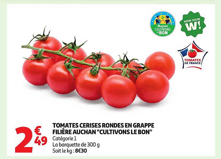 TOMATES CERISES RONDES EN GRAPPE FILIÈRE AUCHAN "CULTIVONS LE BON"