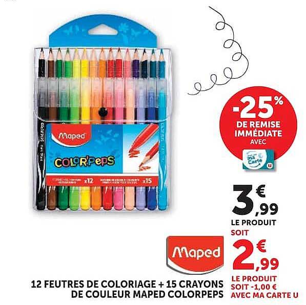 12 FEUTRES DE COLORIAGE + 15 CRAYONS DE COULEUR MAPED COLORPEPS
