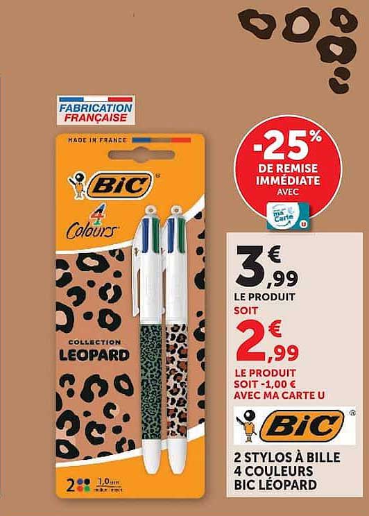 2 STYLOS À BILLE 4 COULEURS BIC LÉOPARD