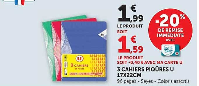 3 cahiers piqûres U 17x22cm