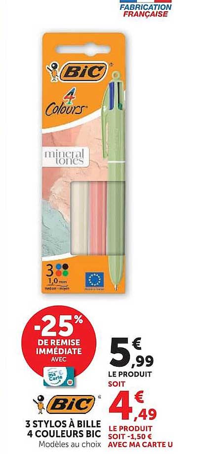 3 STYLOS À BILLE 4 COULEURS BIC