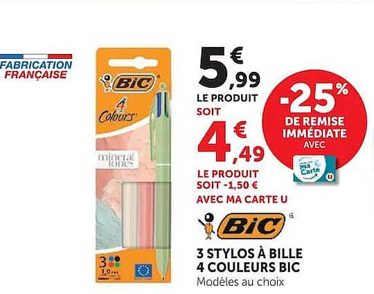 3 STYLOS À BILLE 4 COULEURS BIC