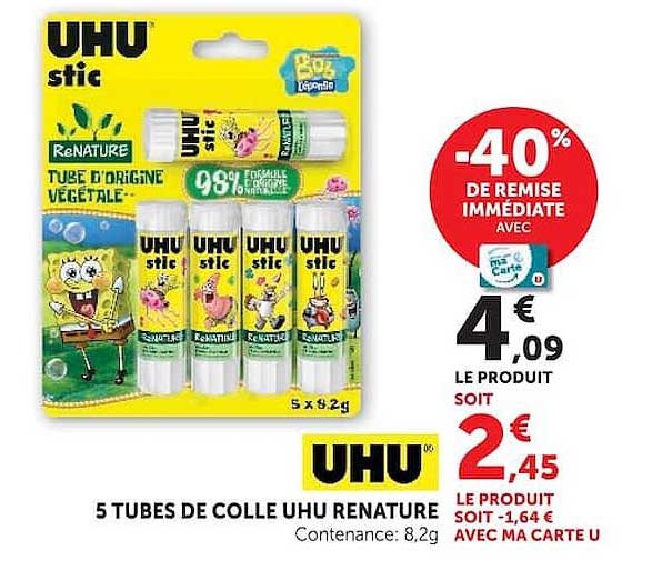5 TUBES DE COLLE UHU RENATURE