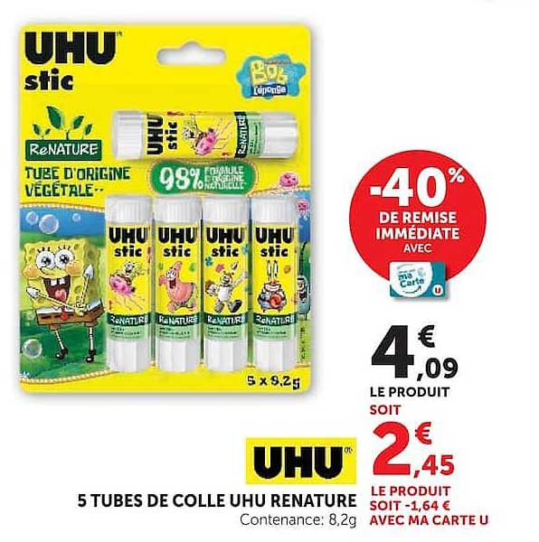 5 TUBES DE COLLE UHU RENATURE