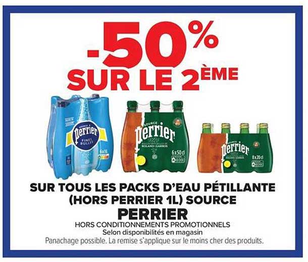 -50% SUR LE 2ÈME SUR TOUS LES PACKS D’EAU PÉTILLANTE (HORS PERRIER 1L) SOURCE PERRIER