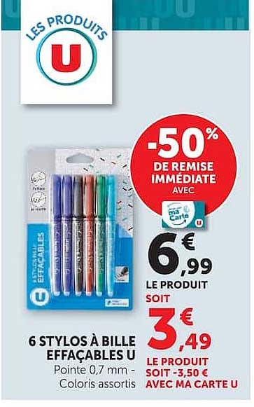 6 STYLOS À BILLE EFFAÇABLES U Pointe 0,7 mm Coloris assortis