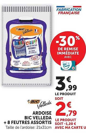 ARDOISE BIC VELLEDA + 8 FEUTRES ASSORTIS