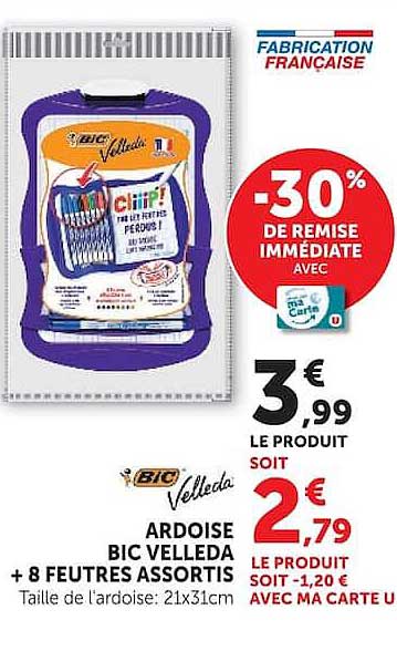 ARDOISE BIC VELLEDA + 8 FEUTRES ASSORTIS