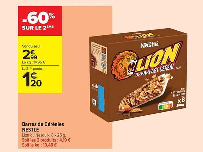 Barres de Céréales NESTLÉ Lion ou Nesquik, 8 x 25 g