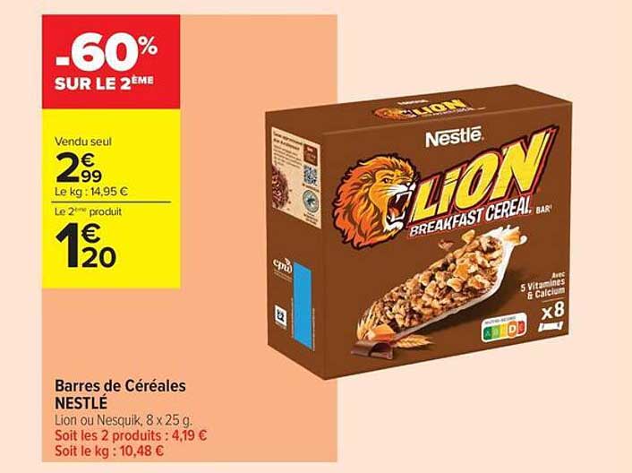 Barres de Céréales NESTLÉ Lion ou Nesquik, 8 x 25 g.
