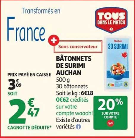 BÂTONNETS DE SURIMI AUCHAN 500 g 30 bâtonnets