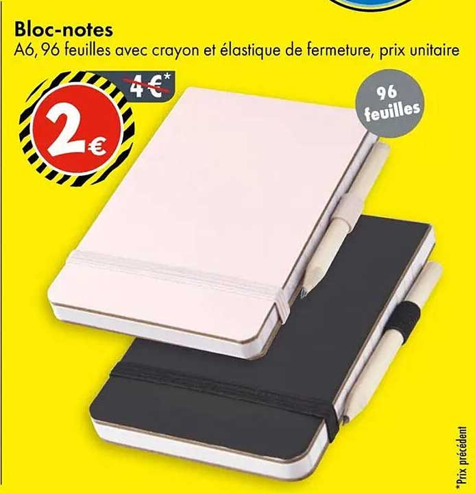 Bloc-notes A6, 96 feuilles avec crayon et élastique de fermeture, prix unitaire