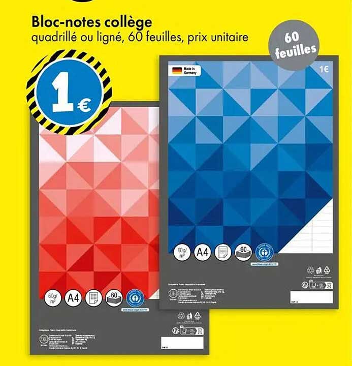 Bloc-notes collège quadrillé ou ligné, 60 feuilles, prix unitaire