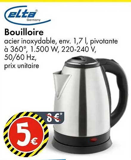 Bouilloire acier inoxydable, env. 1,7 l, pivotante à 360°, 1.500 W, 220-240 V, 50/60 Hz, prix unitaire