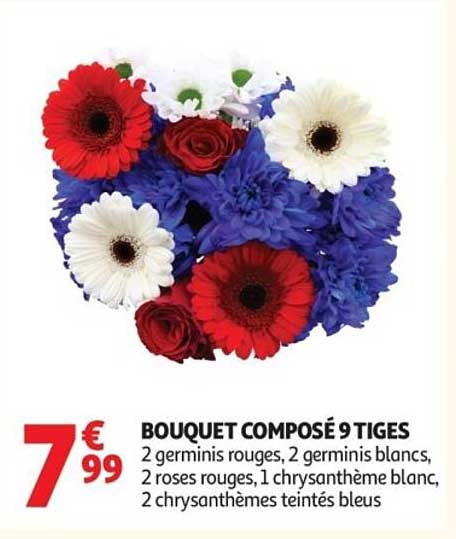 BOUQUET COMPOSÉ 9 TIGES 2 germinis rouges, 2 germinis blancs, 2 roses rouges, 1 chrysanthème blanc, 2 chrysanthèmes teints bleus