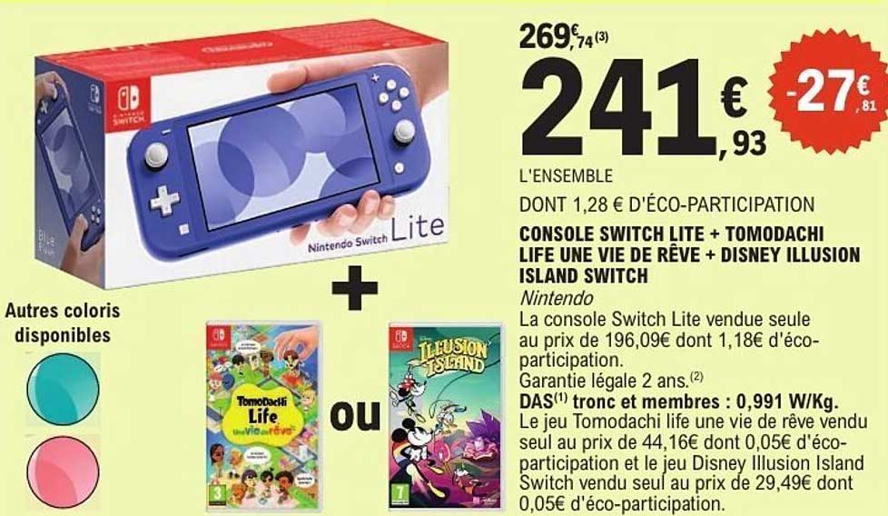 CONSOLE SWITCH LITE + TOMODACHI LIFE UNE VIE DE RÊVE + DISNEY ILLUSION ISLAND SWITCH