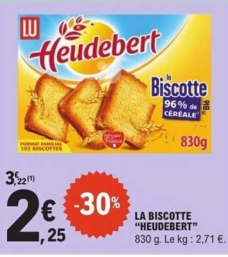 La biscotte “Heudebert” 830 g. Le kg : 2,71 €