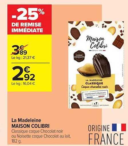 La Madeleine MAISON COLIBRI Classique coque Chocolat noir ou Noisette coque Chocolat au lait, 182 g.