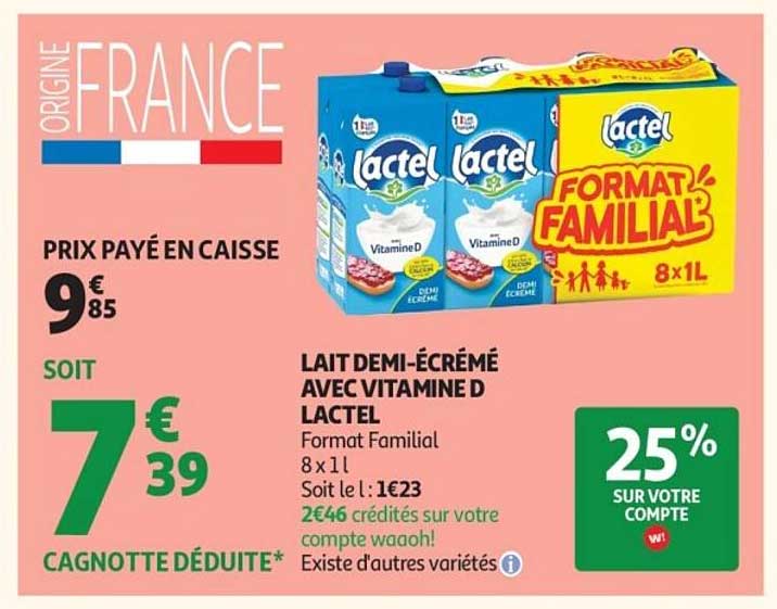 Lait demi-écrémé avec vitamine D Lactel - Format Familial 8 x 1 L