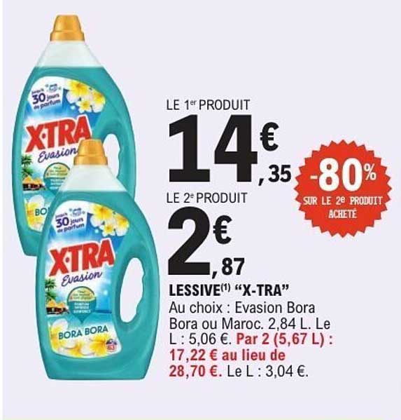 LESSIVE(1) “X-TRA” Au choix : Evasion Bora Bora ou Maroc, 2,84 L