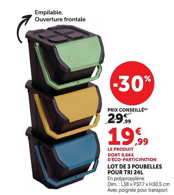 LOT DE 3 POUBELLES POUR TRI 24L