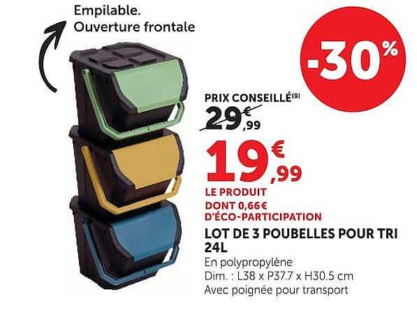 LOT DE 3 POUBELLES POUR TRI 24L