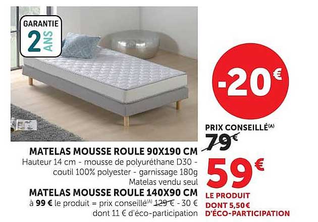 MATELAS MOUSSE ROULE 90X190 CM