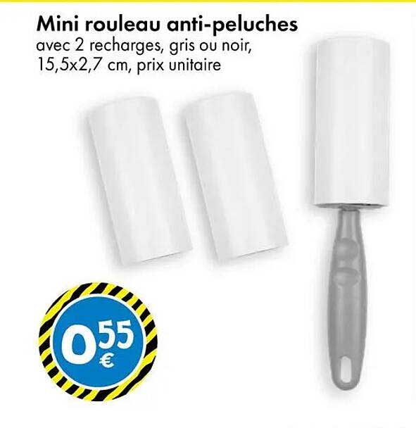 Mini rouleau anti-peluches avec 2 recharges, gris ou noir, 15,5x2,7 cm, prix unitaire