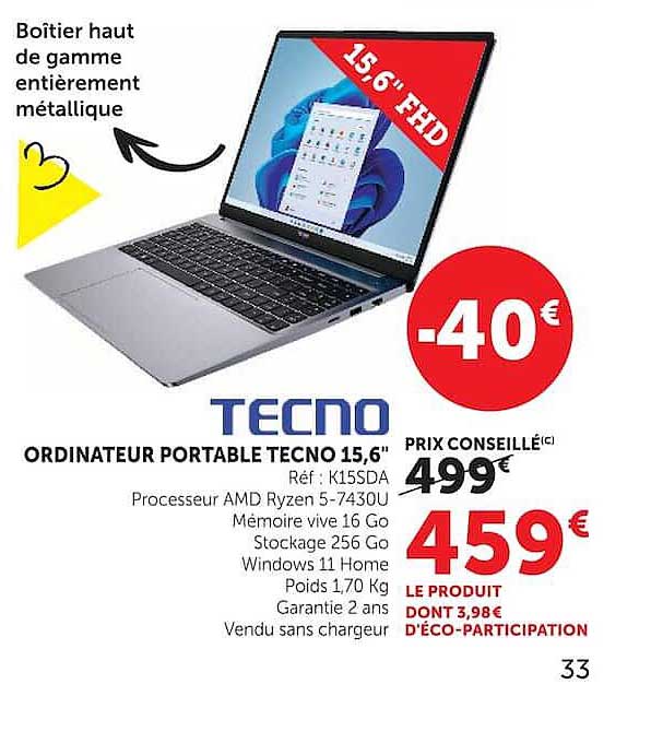ORDINATEUR PORTABLE TECNO 15,6"