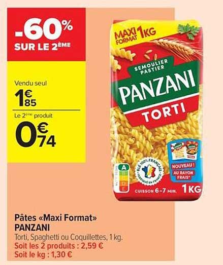 Pâtes «Maxi Format» PANZANI Torti, Spaghetti ou Coquillettes, 1kg.