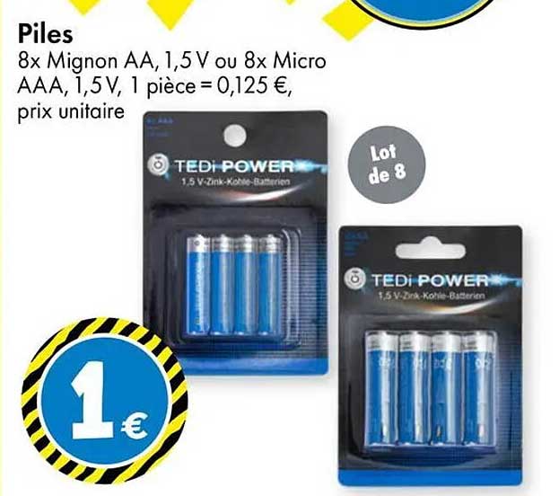 Piles 8x Mignon AA, 1,5 V ou 8x Micro AAA, 1,5 V, 1 pièce = 0,125 €, prix unitaire