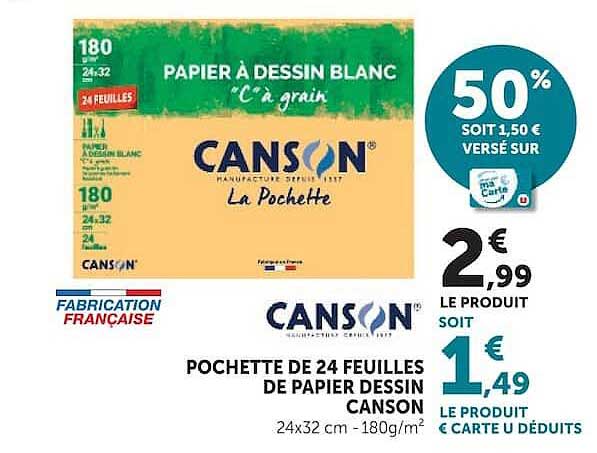 POCHETTE DE 24 FEUILLES DE PAPIER DESSIN CANSON 24x32 cm - 180g/m²