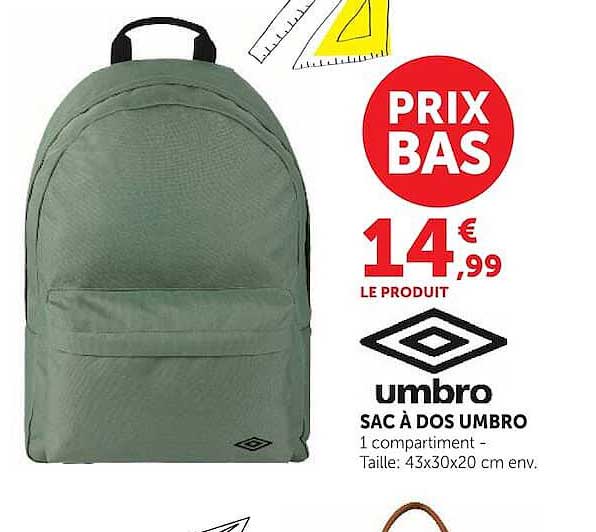 PRIX BAS 14,99€ LE PRODUIT umbro SAC À DOS UMBRO 1 compartiment - Taille: 43x30x20 cm env.