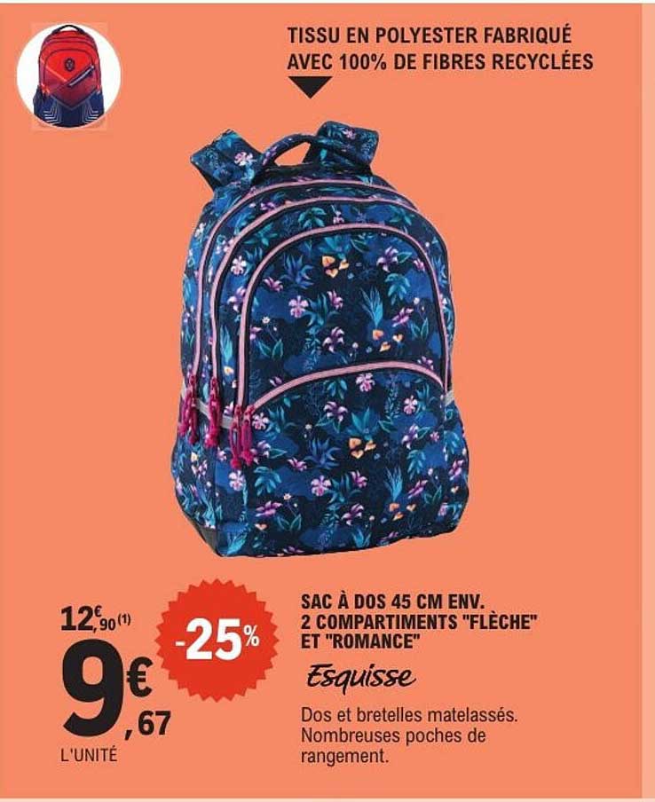SAC À DOS 45 CM ENV. 2 COMPARTIMENTS "FLÈCHE" ET "ROMANCE" Esquisse