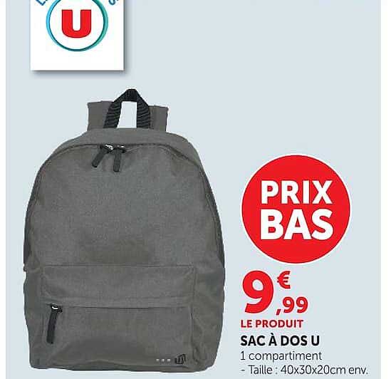 SAC À DOS U 1 compartiment - Taille : 40x30x20cm env.