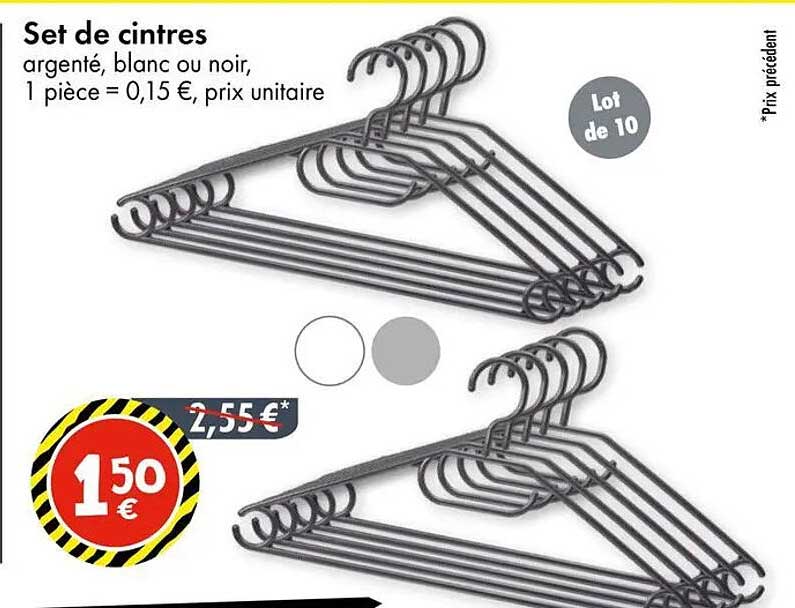 Set de cintres argenté, blanc ou noir, 1 pièce = 0,15 €, prix unitaire