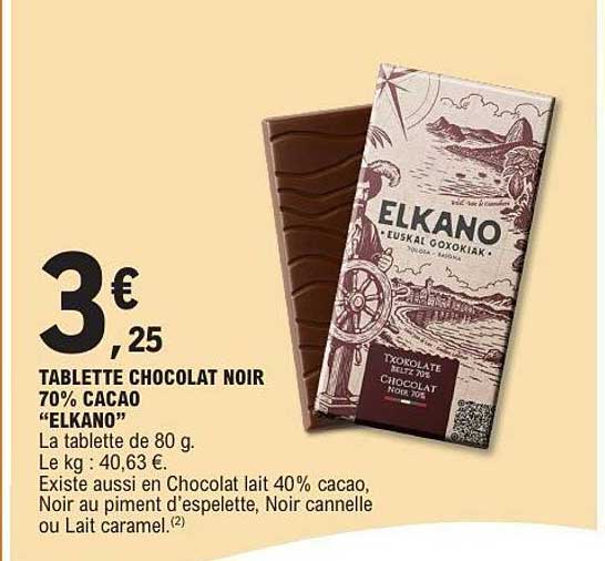 TABLETTE CHOCOLAT NOIR 70% CACAO “ELKANO”