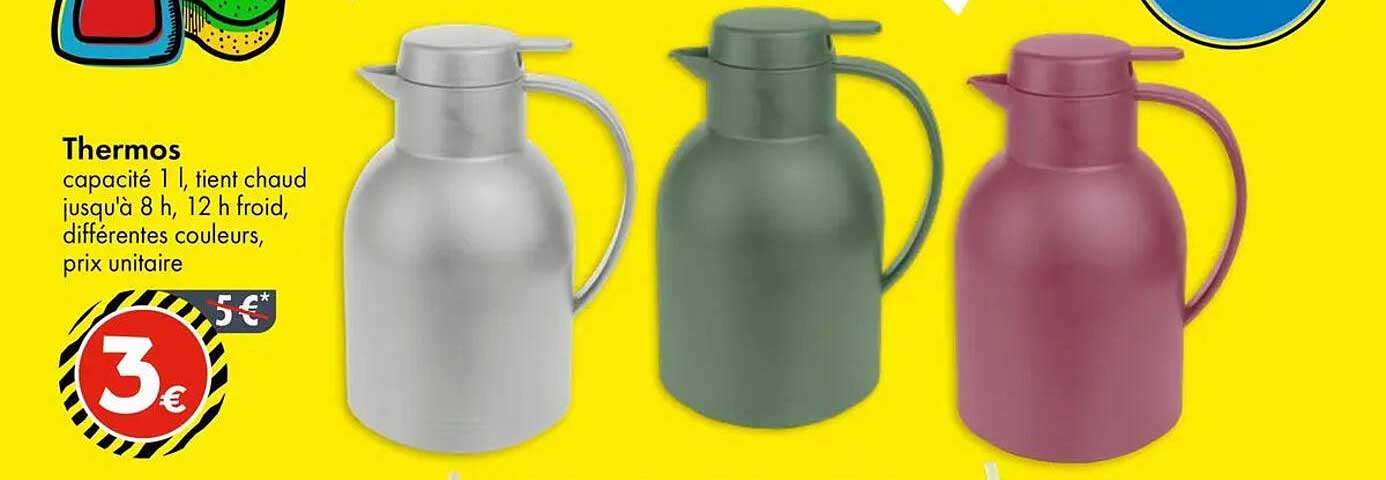 Thermos capacité 1 l, tient chaud jusqu'à 8 h, 12 h froid, différentes couleurs, prix unitaire